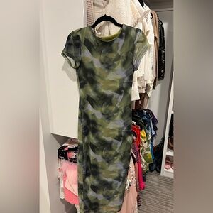 Mesh art print midi dress Green and Black